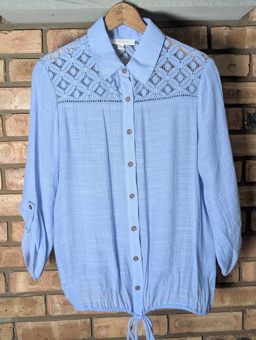 Ivy Ridge Light Blue Lace Button-Front Blouse - Picture 3 of 9